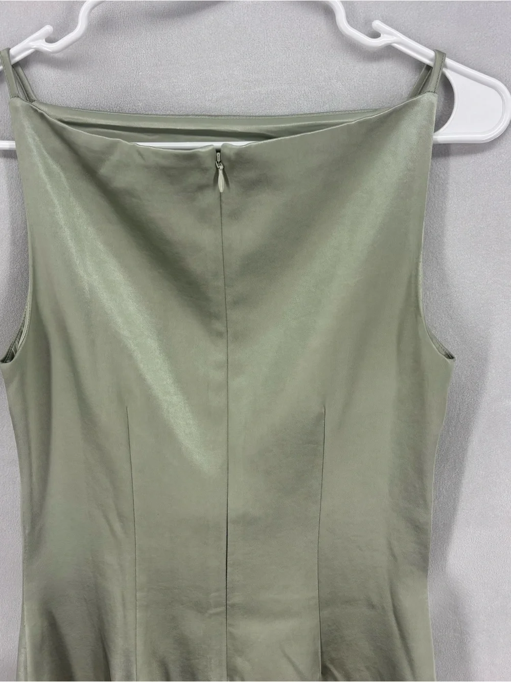 Meshki Sage Green Satin Maxi Dress Sleeveless Boat Neck Elegant Gown Small - Picture 9 of 10